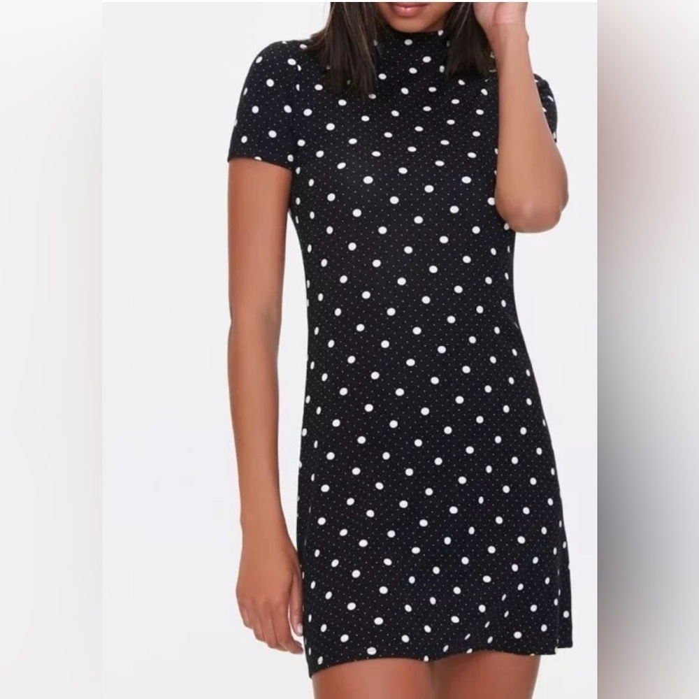 New Forever 21 Ponte Knit Polka Dot Skater Mock Neck Dress 0X